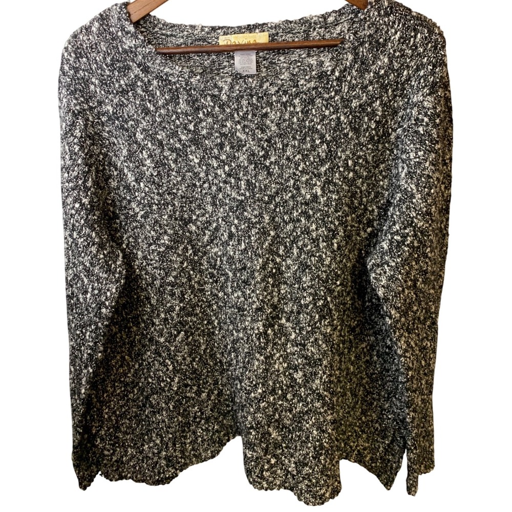 Davina Womens XXL Marled Knit Sweater Black White Tan Crew Neck Long Sleeve